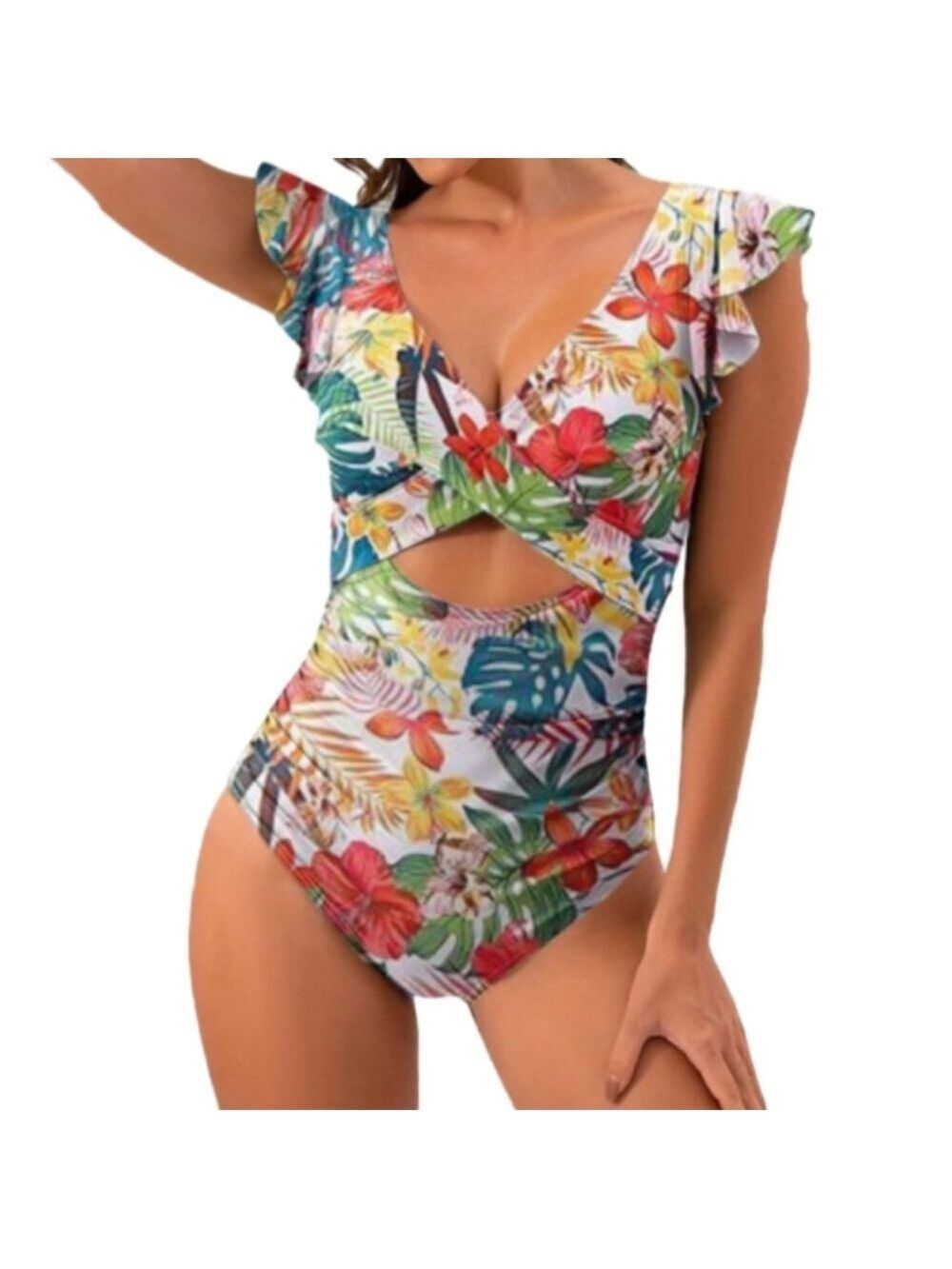 TROPICAL PRINT ONE PIECE MONOKINI RUFFLE SHOULDER RUCHED SWIMSUIT SIZE XL NWT - Picture 13 of 13